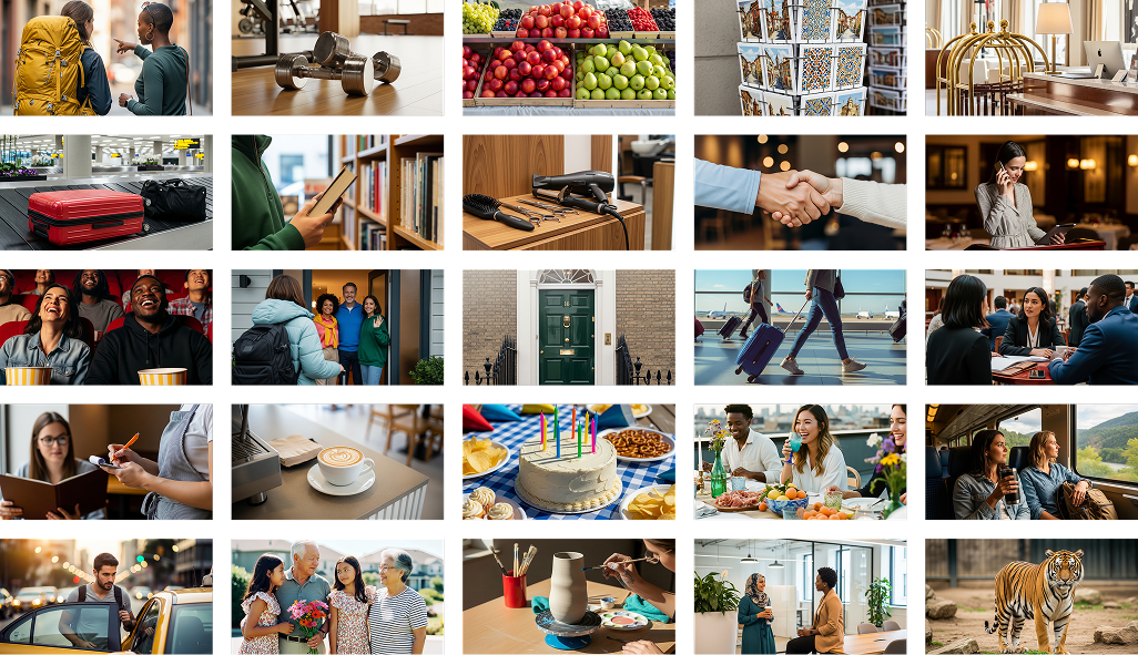 A grid of AI-generated scenario images showing consistent, realistic environments across Chat Mission scenarios